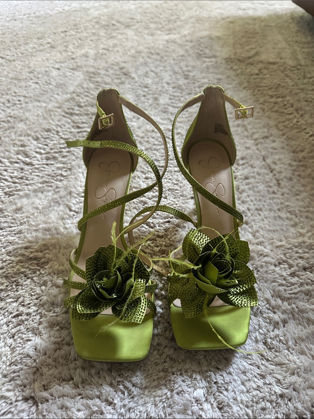 Jessica Simpson Lime Green Floral Satin Strappy Heels